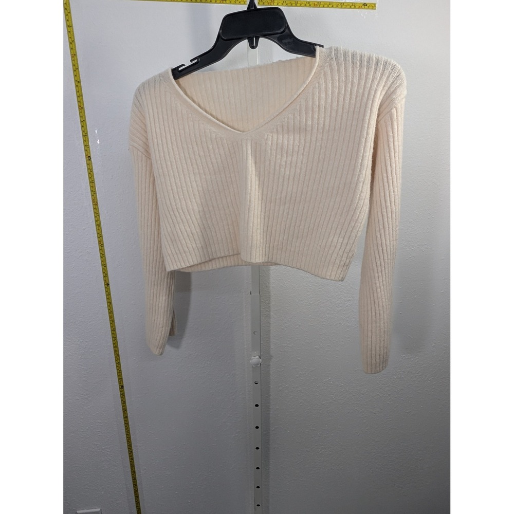 SHEIN Womens Ribbed Knit Cropped V-Neck Sweater Off White Cream Size S
